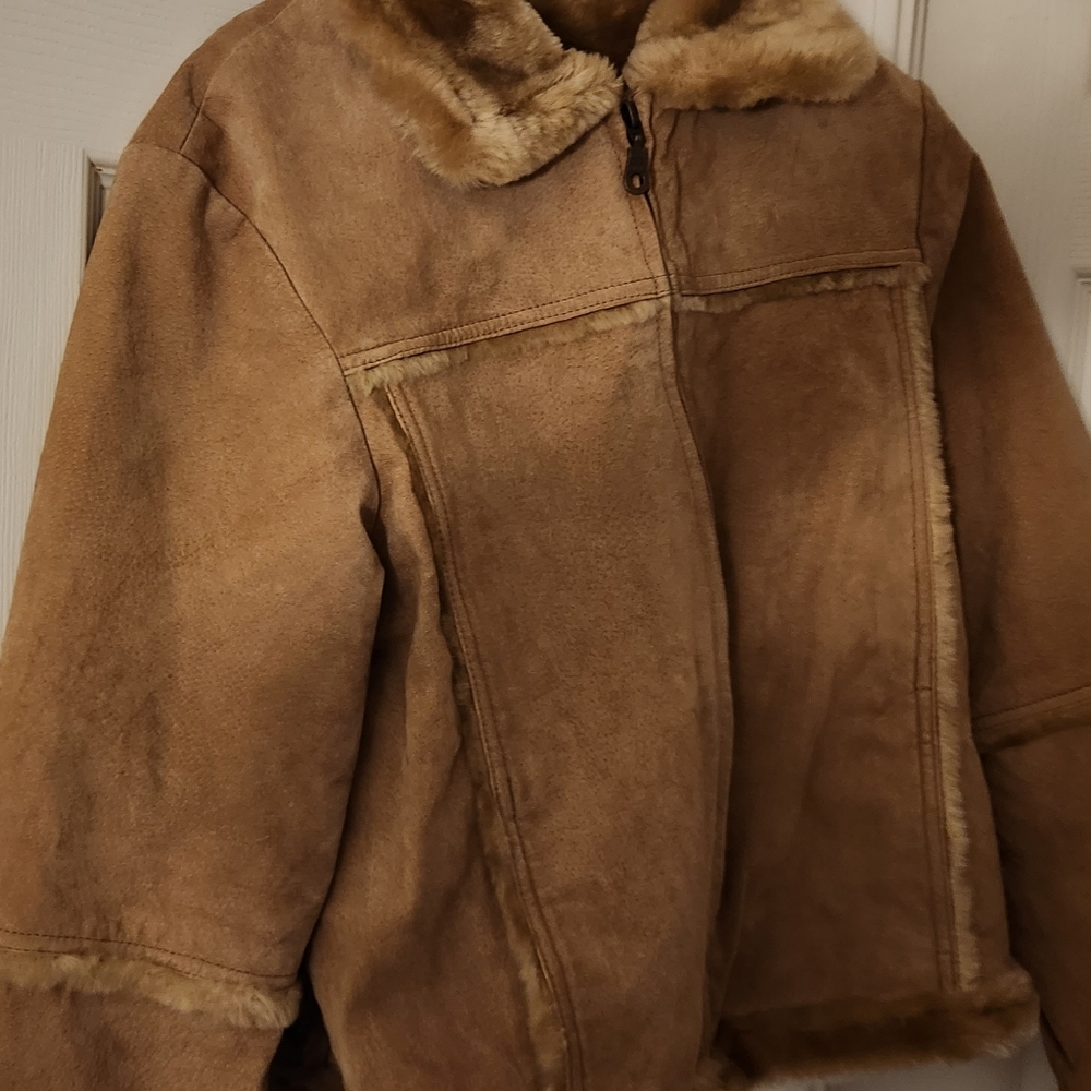 Ladies Jacket Tan Suede Leather Jacket W/ Faux Fur
